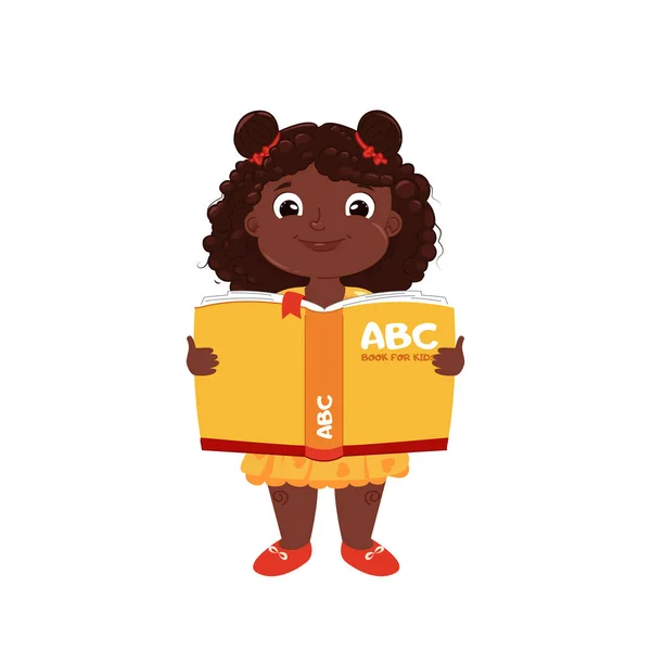 귀여운 꼬마 소녀는 학교에서 abc 책을 읽고. — 스톡 벡터