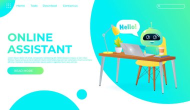 Çevrimiçi Yardımcısı bot açılış sayfası şablonu. Web sayfası için teknik destek tasarım. Sanal yardım web sitesi. Sohbet etmek masaya oturmak ve merhaba demek