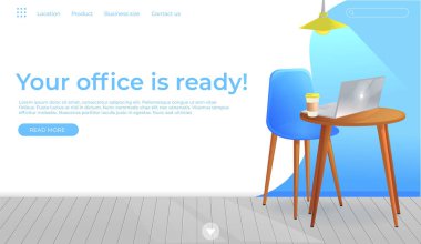 Ofis mobilya tasarım afiş. Çalışma alanı tablosu ve laptop ve kahve ile. Modern iç. Açılış sayfası Web sitesi conept