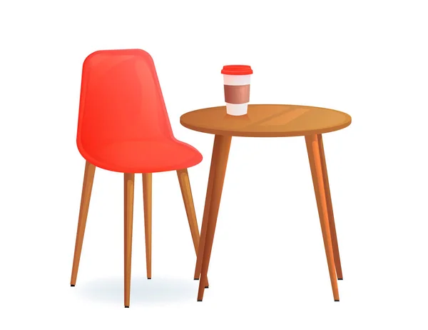 Καρέκλα με και το φλυτζάνι ποτών στο τραπέζι από ξύλο. Καφέ για συνάντηση και συζήτηση. Μοντέρνα έπιπλα για το σπίτι ή το κατάστημα. — Διανυσματικό Αρχείο