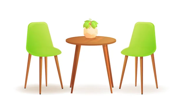 Δύο καρέκλες με και το φλυτζάνι ποτών στο τραπέζι από ξύλο. Καφέ για συνάντηση και συζήτηση. Μοντέρνα έπιπλα για το εσωτερικό σπίτι ή κατάστημα. — Διανυσματικό Αρχείο