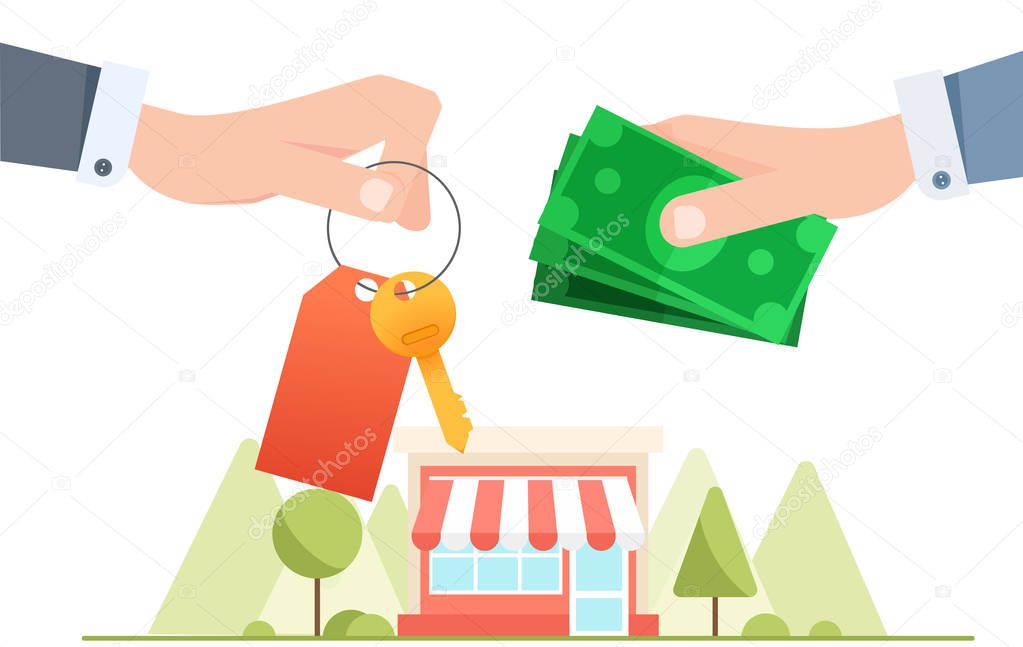 Exchange of money for the keys to the house. Real estate. Hand with Cash payment