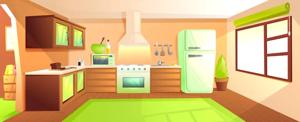 Interior de cocina moderna con muebles. Habitación de diseño con campana y estufa y microondas y fregadero y nevera — Vector de stock