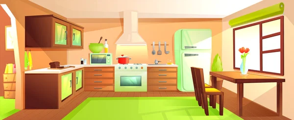 Современный интерьер кухни с мебелью. Дизайнерская комната с вытяжкой и плитой, микроволновой раковиной и холодильником — стоковый вектор