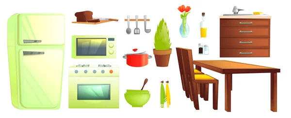 Muebles de cocina y vajilla. Platos y objetos interiores como microondas y nevera, cacerola, mesa con sillas, planta — Vector de stock