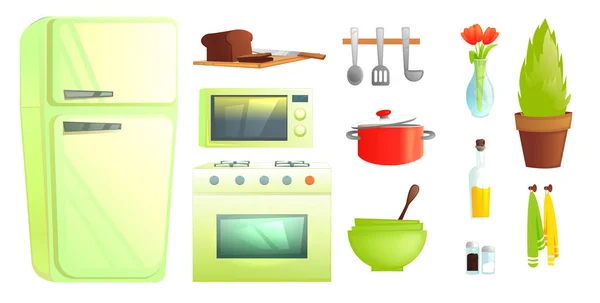Köksmöbler och porslin. Rätter och inredningsobjekt som mikrovågsugn och kylskåp, kastrull, växt — Stock vektor