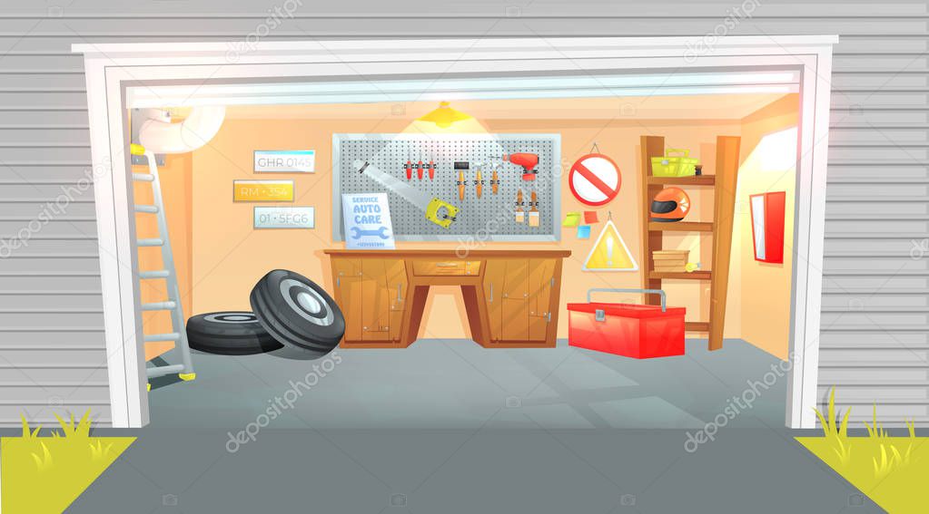 The interior of the garage. Workplace of the master on car repair with working tools. Vector cartoon illustration