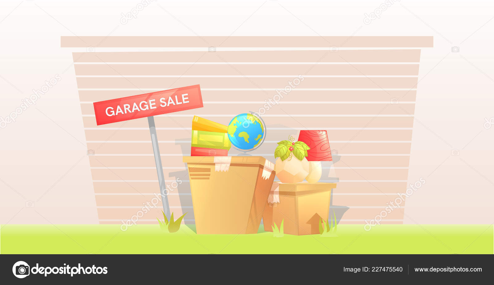 Garage Sale Sign With Box Near A Door Outside The House Selling