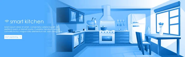 Smart kitchen design banner. Interior home IOT ads. Vector cartoon