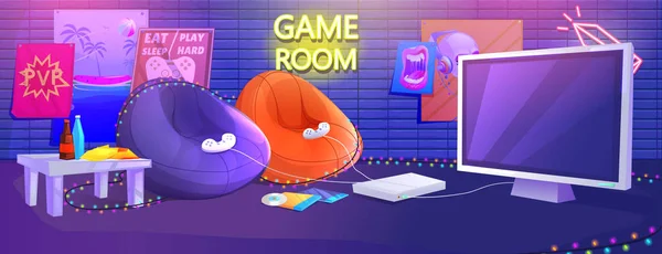 Teen game room interior. Play video games on the console with comfortable armchairs and snacks for gamers. — Stock Vector