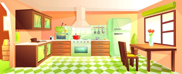 现代化的厨房内饰配有家具。设计室, 带引擎盖、炉灶、微波炉、水槽和冰箱. — 图库矢量图片