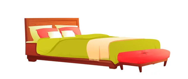 Cama de madera con manta verde y almohada roja — Vector de stock