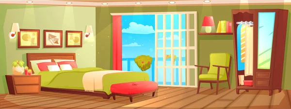 Interior del dormitorio con una cama, mesita de noche, armario y ventana y planta . — Vector de stock