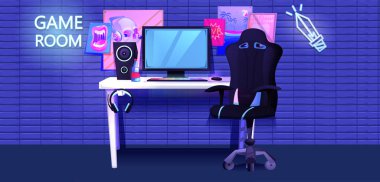 ESports interior banner. Workplace cyber sportsman gamer. A desk with a computer and headphones and a mouse with light and a gamers chair. Vector cartoon illustration clipart