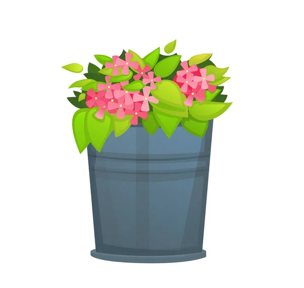 Pink Flower with green leaf in metallic bucket pot. - Vector — Stock Vector