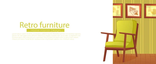 Wohnzimmer Home Interior Design Banner. bequemer Sessel mit einer Pflanze in einem Raum mit Retro-Tapete. Vektor Cartoon Illustration — Stockvektor
