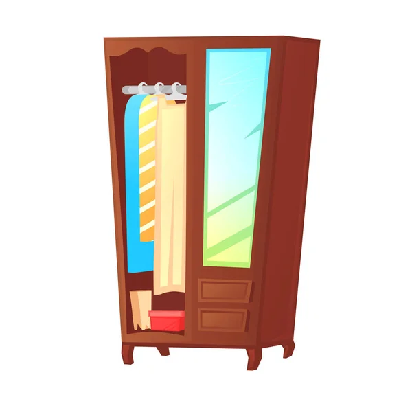 Wood wardrobe with mirror on door. Vector cartoon illustration — 스톡 벡터