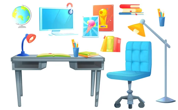 직장 방 인테리어 디자인 개체를 설정합니다. 책상과 pc 컴퓨터, 선반 및도 서와 직장. — 스톡 벡터