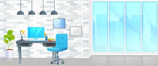 Office möbler design banner. Arbetsplats med bord och laptop och kaffe. Modern interiör. Landning sida webbplats concept cartoon vektorillustration — Stock vektor