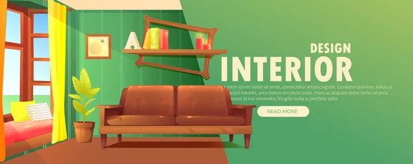 Innenarchitektur-Banner. Retro-Wohnzimmer mit Sofa und modernen Möbeln und großem Fenster mit Sonnenlicht. Vektor Cartoon Illustration — Stockvektor