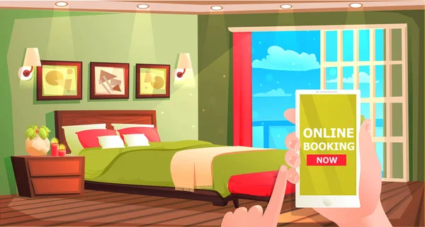 Hotell online bokning banner. Interiören i moderna rum för resten. Vektor tecknad illustration — Stock vektor