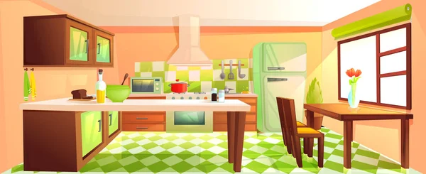 Современный интерьер кухни с мебелью. Дизайнерская комната с вытяжкой и плитой, микроволновой раковиной и холодильником. Векторная иллюстрация — стоковый вектор