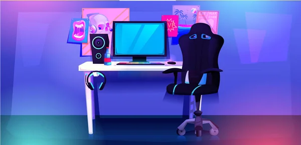 ESports iç afiş. İşyeri cyber sporcu oyun. Bir bilgisayar ve ışık ve bir oyun sandalye ile bir fare ve kulaklık ile bir masa. Vektör karikatür çizim