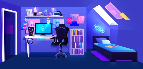 Gamer camera ragazzo sul banner interno sottotetto. Posto di lavoro cyber sportivo giocatore. Una scrivania con computer e cuffie e un mouse con luce e una sedia per i giocatori. Illustrazione del cartone animato vettoriale — Vettoriale Stock