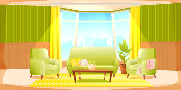 Classic living room home interior design banner. Comfortable armchair with a plant in a room with retro wallpaper. Vector cartoon illustration