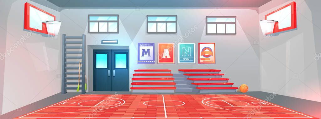 Gym interior at school . Basketball field and hoops and ball. Bench for schoolchildren in gymnasium vector Gym interior at school . Basketball field and hoops and ball. Bench for schoolchildren in gymnasium vector