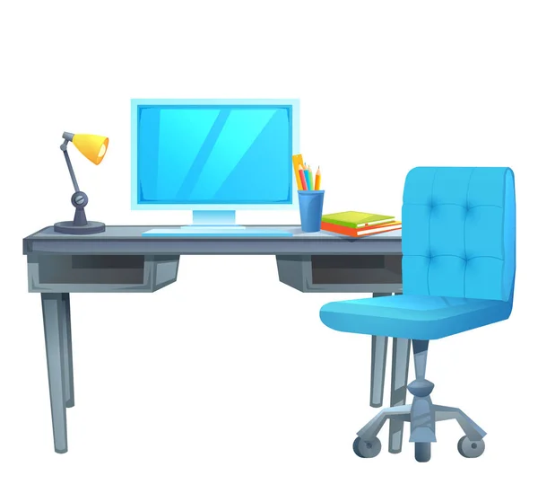 Posto di lavoro con una scrivania di computer su cui sono libri e una lampada. Illustrazione del cartone animato vettoriale — Vettoriale Stock