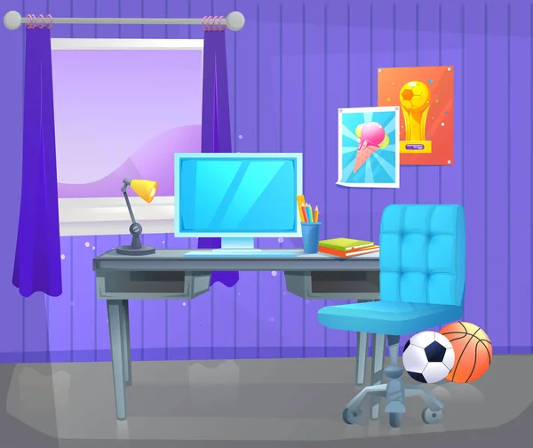 Teenager-Zimmer Innenarchitektur. Arbeitsplatz mit Schreibtisch und PC, Regalen und Spielzeug und Buch. Vektor Cartoon Illustration — Stockvektor