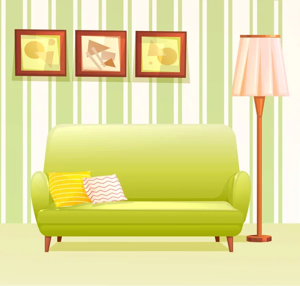 Cómodo sofá con almohadas junto a la lámpara de pie en el fondo de papel pintado retro. Sala de estar con sofá. Dibujos animados vectoriales ilustración — Vector de stock