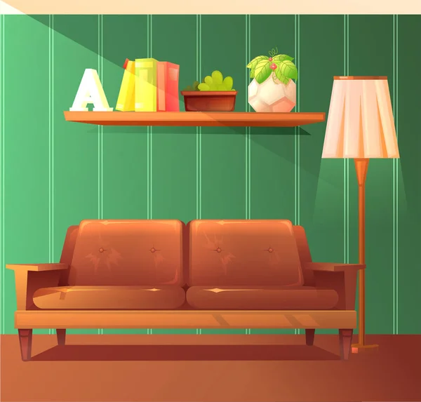 Comfortable old couch next to the floor lamp and book shelf with plant on the background of retro wallpaper. Living room with a sofa. Vector cartoon illustration