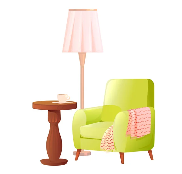 Cadeira confortável ao lado da lâmpada de assoalho e mesa de café com uma xícara de chá. Ilustração dos desenhos animados vetoriais — Vetor de Stock