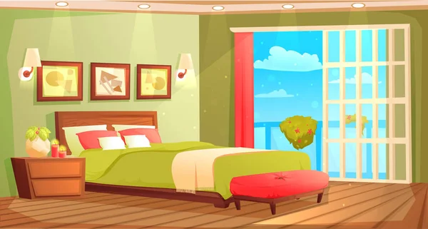 Интерьер спальни с кроватью, тумбочкой, шкафом и окном и растением. Векторная иллюстрация — стоковый вектор