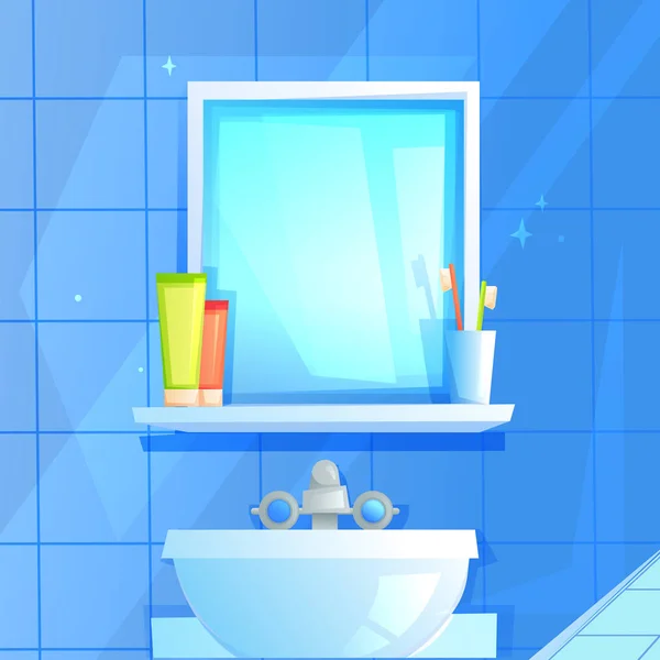 Mirror with a shelf on which a glass, toothpaste and brush. On the background of blue tiles. Vector cartoon illustration