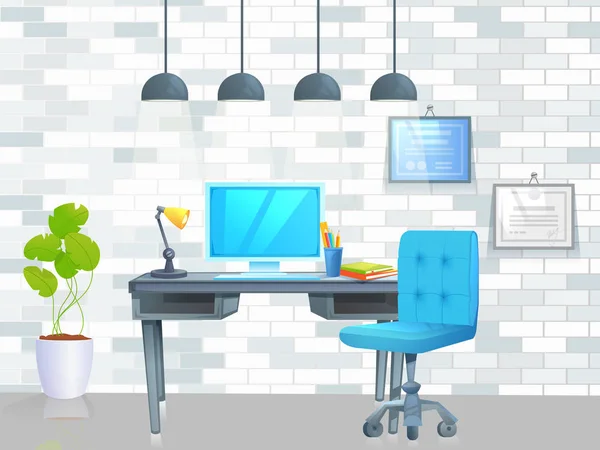 Banner de design de móveis de escritório. Local de trabalho com mesa e laptop e café. Interior moderno. Vector conceito desenho animado ilustração — Vetor de Stock