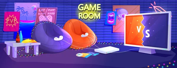 Sala club de juegos interior. Juega a videojuegos en la consola con cómodos sillones y aperitivos para los jugadores. Dibujos animados vectoriales ilustración — Vector de stock