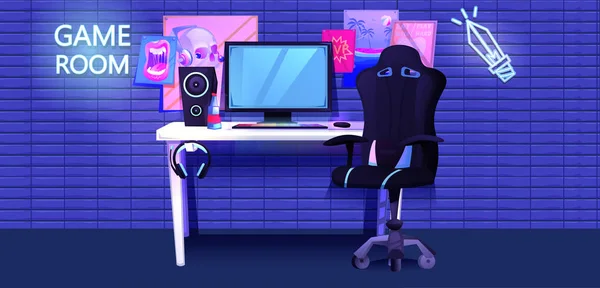 ESports interior banner. Workplace cyber sportsman gamer. A desk with a computer and headphones and a mouse with light and a gamers chair. Vector cartoon illustration — 图库矢量图片