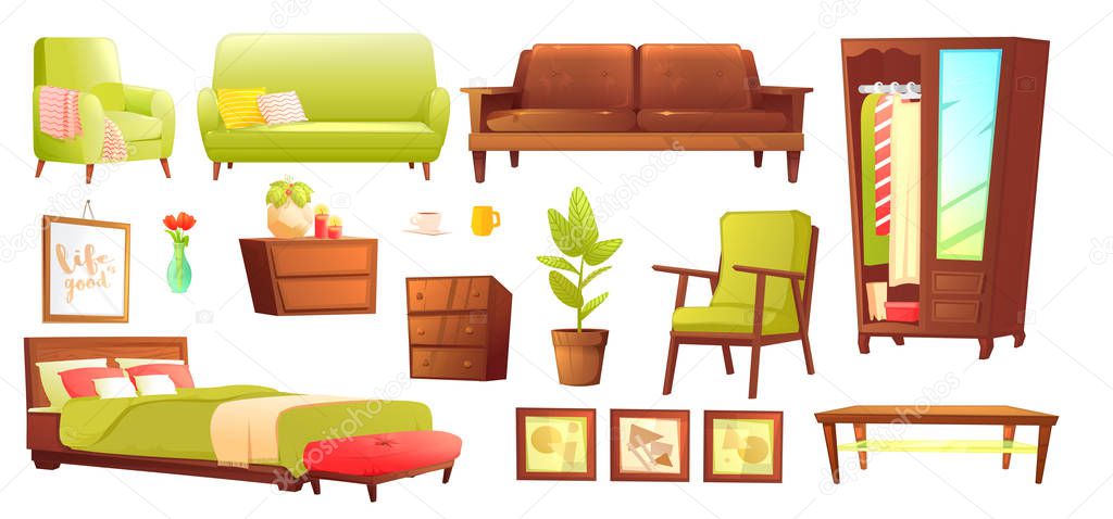 Living or bedroom object set with leather sofa and wooden shelf with frame and books. Stylish furniture - a lamp and a vase and a table. Vector cartoon illustration 