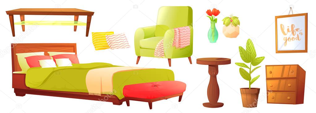 Living or bedroom object set with leather sofa and wooden shelf with frame and books. Stylish furniture - a lamp and a vase and a table. Vector cartoon illustration