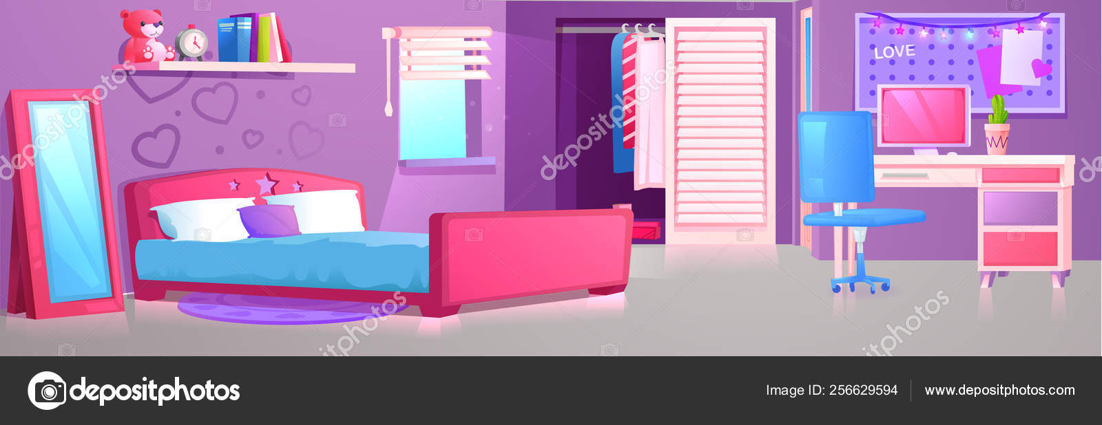 Pink children room interior with bed, desk and chair. Girl bedroom design  with workplace and pc for study. Vector cartoon illustration Stock Vector  Image by ©annetdebar #256629594
