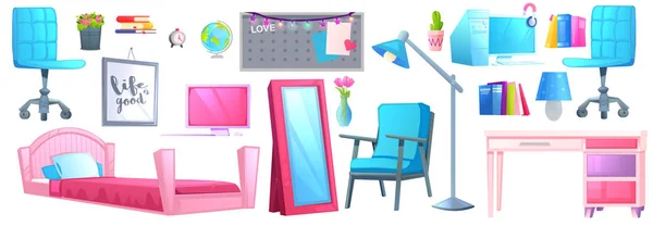 Розовый интерьер детской комнаты с кроватью, письменным столом и стулом. Дизайн спальни девочки с рабочим местом и компьютером для учебы. Векторная иллюстрация — стоковый вектор