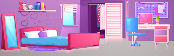 Pink children room interior with bed, desk and chair. Girl bedroom design with workplace and pc for study. Vector cartoon illustration