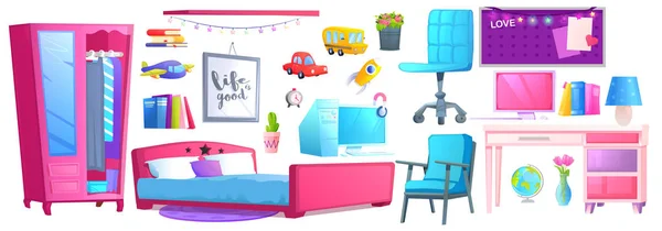 Habitación infantil rosa interior con cama, escritorio y silla. Diseño de dormitorio de chica con lugar de trabajo y PC para el estudio. Dibujos animados vectoriales ilustración — Vector de stock