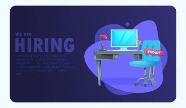 Afiş office çalışma alanı ve işareti boş ve yazıt ile işe vardır. İş işe kavramı. Vektör karikatür çizim. 