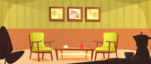 Интерьер кафетерия. Ретро дизайн кресла и журнальный столик с кружками. Деревянная мебель в кафе. мультяшная иллюстрация — стоковое фото