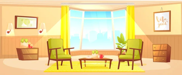 Классический баннер дизайна интерьера гостиной. Удобное кресло с растением в комнате с ретро обоями. мультяшная иллюстрация — стоковое фото