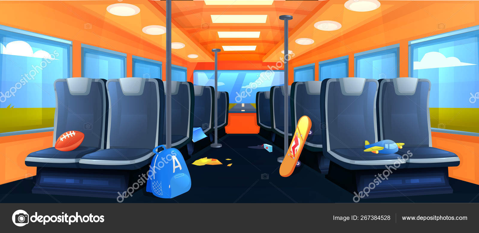 School Bus interior. Seats in transport when traveling at day. Road to vacation. Vector cartoon illustration Stock Vector Image by ©annetdebar #267384528 School Bus interior. Seats in transport when traveling at day. Road to vacation. Vector cartoon illustration Stock Vector Image by ©annetdebar #267384528